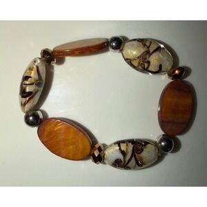 Beaded Stretch Bracelet Wood Tone Ovals and Decorative‎ Glass Beads